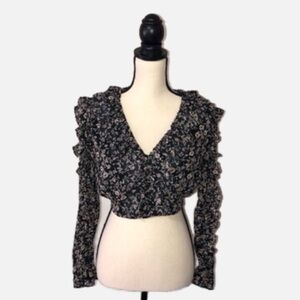 Pookie & Sebastian Black Floral Cropped Top Long Sleeve Zip Back Size Small